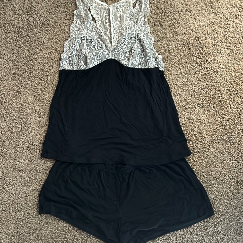 Adore me black pajama shorts with matching Racerback lace top pajamas
